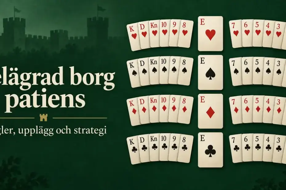 Illustration av Belägrad borg patiens med fyra ess i mitten, åtta öppna kortrader och rubriken ”Belägrad borg patiens – Regler, upplägg och strategi” mot en mörkgrön bakgrund med en borgsilhuett.