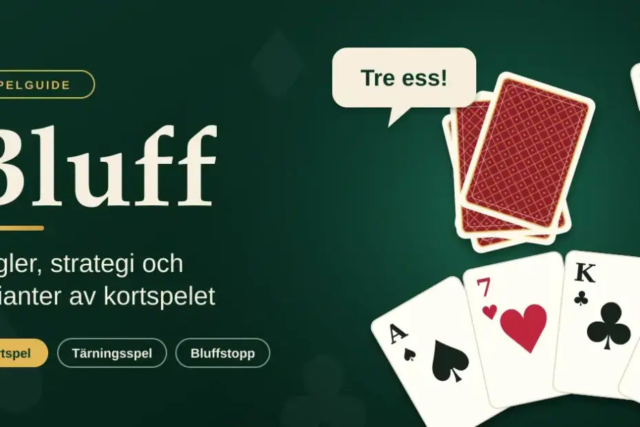 Grön spelbordsgrafik med rubriken ”Bluff” och texten ”Regler, strategi och varianter av kortspelet”, en hög dolda spelkort med pratbubblan ”Tre ess!”, en hand med ess, sjua, kung och fyra samt två tärningar.