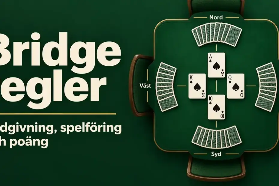 Illustration av ett grönt bridgebord med spelkort och positionerna Nord, Syd, Öst och Väst intill texten ”Bridge regler – Budgivning, spelföring och poäng”.