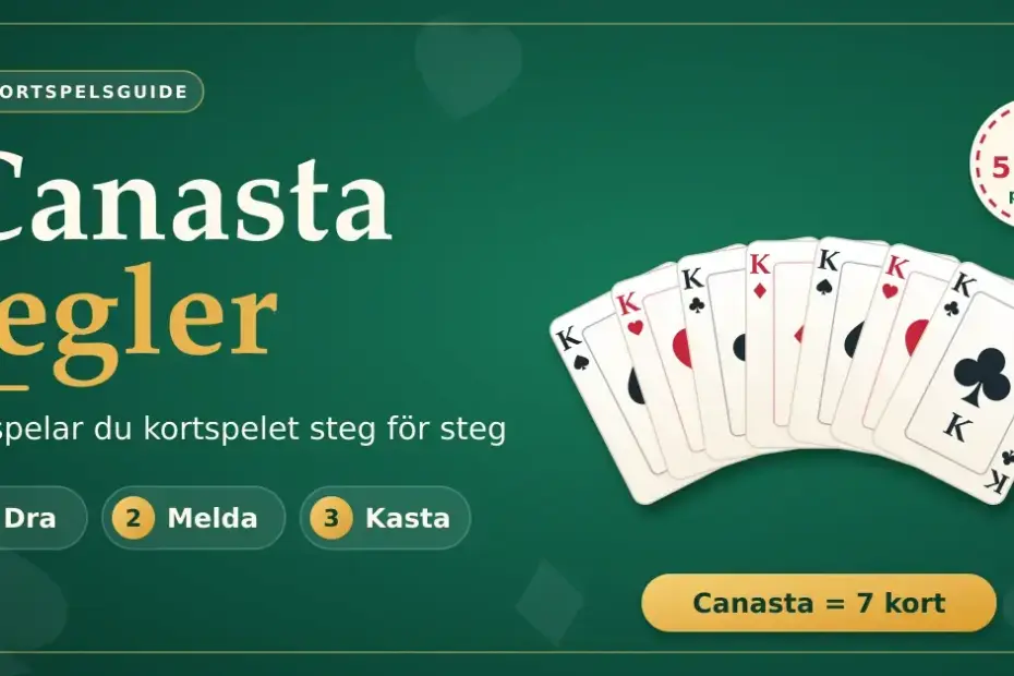 Grafik på grönt spelbord med rubriken "Canasta regler", stegen dra, melda och kasta samt en solfjäder av sju kungar som visar att en canasta består av sju kort, med målet 5 000 poäng.
