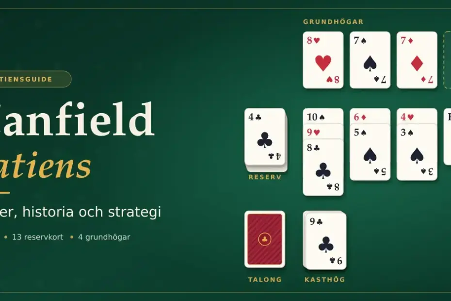 Grafik med rubriken "Canfield patiens – regler, historia och strategi" bredvid en Canfield-uppställning på grönt filtbord med grundhögar, en reservhög, spelkort i kolumner, talong och kasthög.