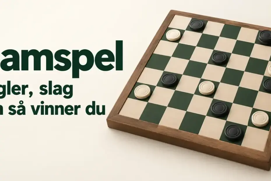 Ett grönvitt dambräde med ljusa och mörka pjäser bredvid texten ”Damspel – Regler, slag och så vinner du”.