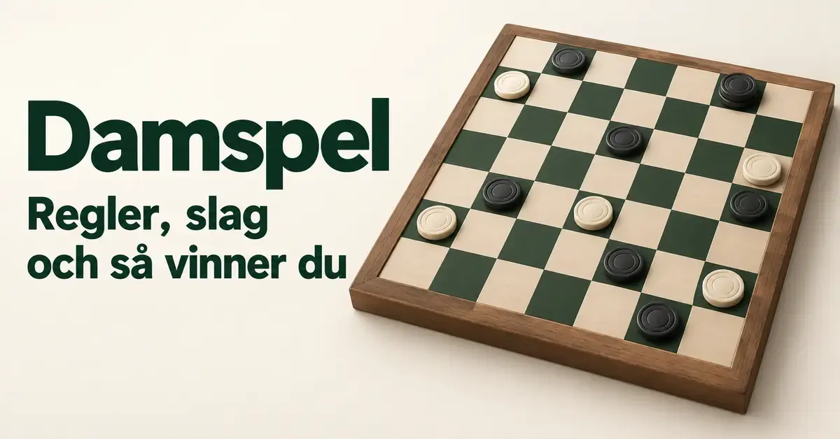 Ett grönvitt dambräde med ljusa och mörka pjäser bredvid texten ”Damspel – Regler, slag och så vinner du”.