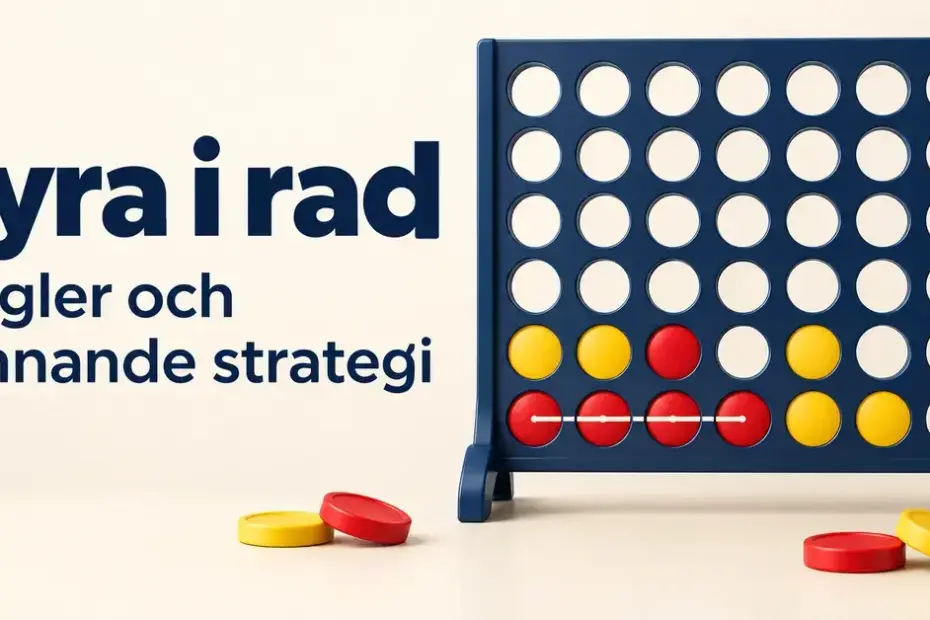 Spelplan för Fyra i rad med röda och gula brickor, fyra röda brickor i en markerad vågrät rad och texten ”Fyra i rad – Regler och vinnande strategi”.