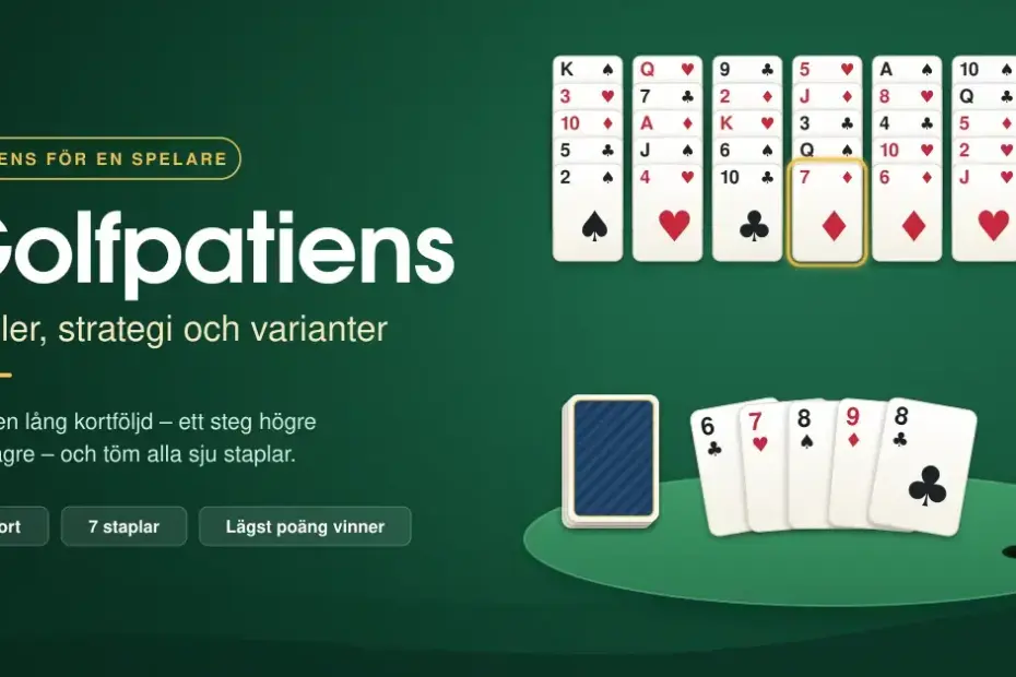 Grafik för golfpatiens med rubriken ”Golfpatiens – regler, strategi och varianter”, sju kortstaplar på grön filtduk och en kortföljd som leder fram till en golfflagga på en green.