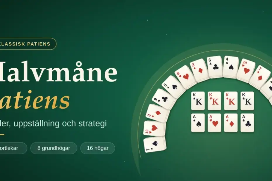 Illustration av Halvmåne patiens där 16 korthögar ligger i en halvmåneformad båge runt åtta grundhögar med fyra kungar och fyra ess på ett grönt spelbord.