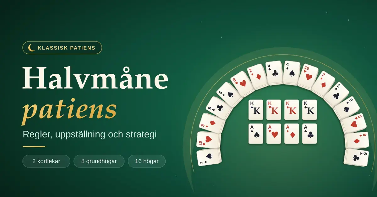 Illustration av Halvmåne patiens där 16 korthögar ligger i en halvmåneformad båge runt åtta grundhögar med fyra kungar och fyra ess på ett grönt spelbord.