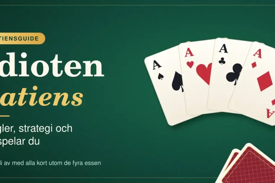 Fyra utfläktade ess i spader, hjärter, klöver och ruter på ett grönt spelbord bredvid rubriken "Idioten patiens – regler, strategi och så spelar du".