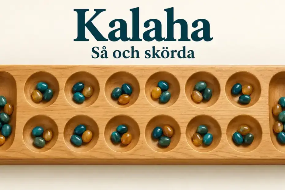 Kalaha-bräde i trä med tolv små skålar, två stora skålar och turkosa och gula spelstenar under texten ”Kalaha – Så och skörda”.