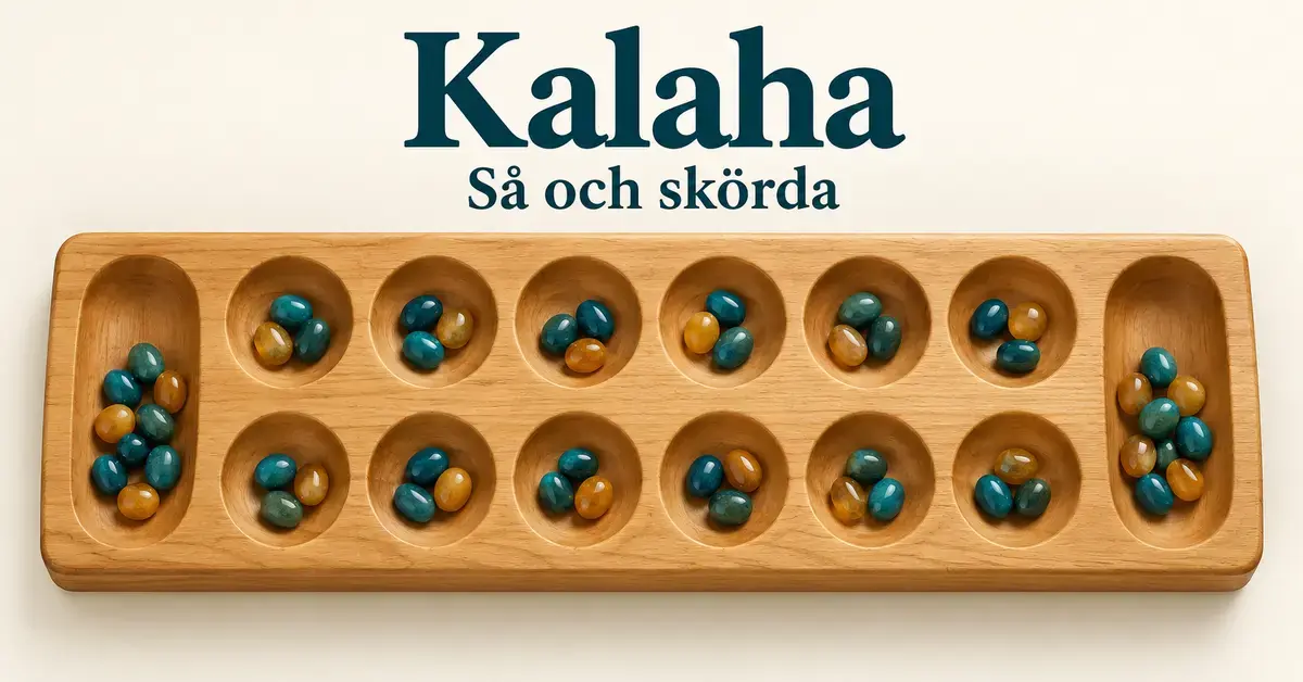 Kalaha-bräde i trä med tolv små skålar, två stora skålar och turkosa och gula spelstenar under texten ”Kalaha – Så och skörda”.