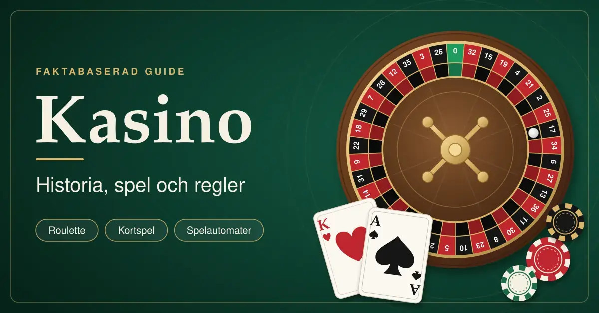 Illustration i grönt och guld med texten "Kasino – Historia, spel och regler" bredvid ett rouletthjul, två spelkort och spelmarker.