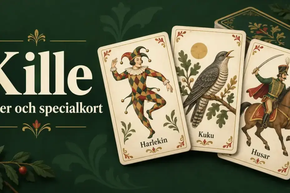 Illustrerade Killekort med Harlekin, Kuku och Husar mot en mörkgrön bakgrund med texten ”Kille – Regler och specialkort”.