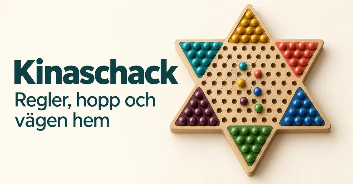 Stjärnformat kinaschacksbräde i trä med färgglada kulor bredvid texten ”Kinaschack – Regler, hopp och vägen hem”.
