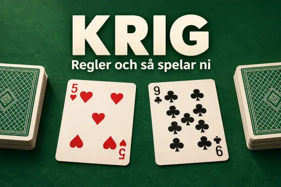 Hjärter fem och klöver nio ligger mellan två korthögar på ett grönt bord under texten ”Krig – Regler och så spelar ni”.