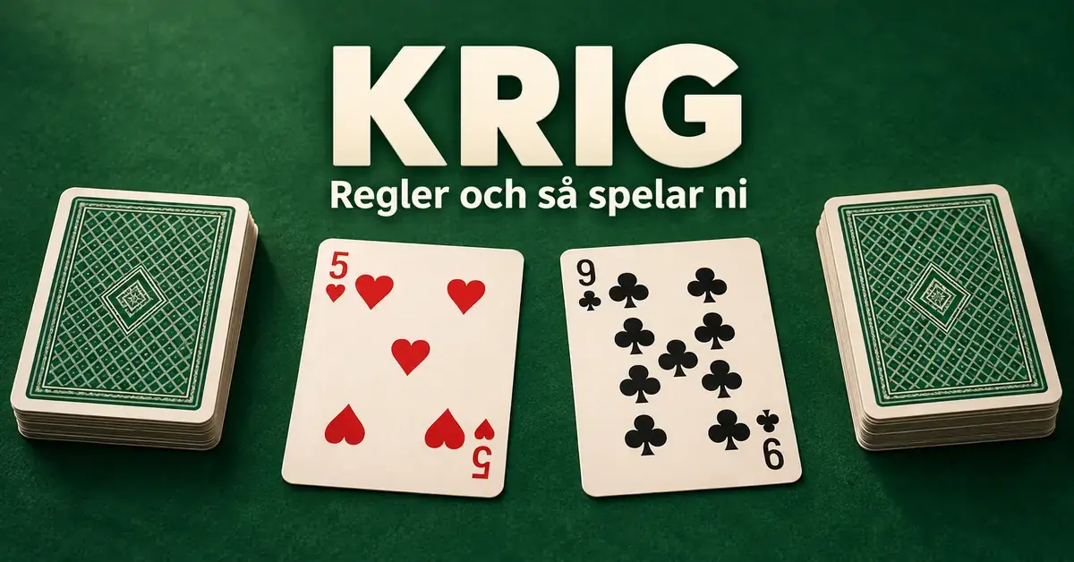 Hjärter fem och klöver nio ligger mellan två korthögar på ett grönt bord under texten ”Krig – Regler och så spelar ni”.