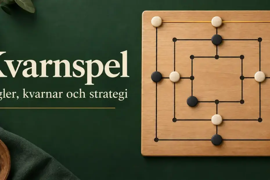 Kvarnspel med svarta och vita pjäser på ett träbräde, där tre vita pjäser bildar en markerad kvarn, bredvid rubriken ”Kvarnspel – Regler, kvarnar och strategi”.
