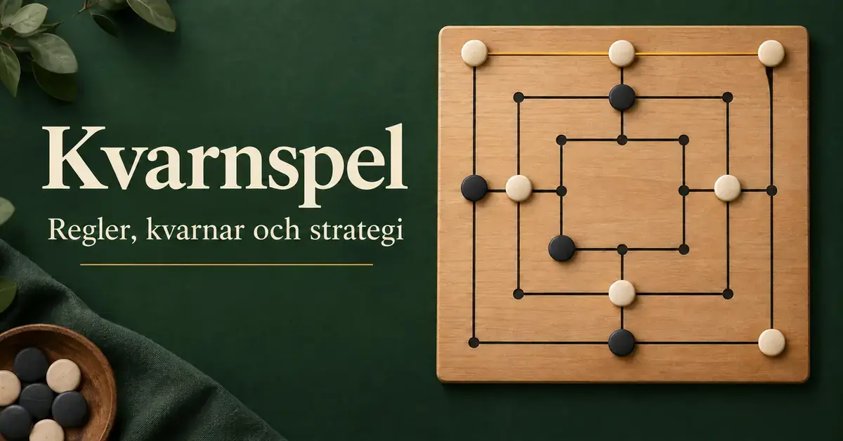 Kvarnspel med svarta och vita pjäser på ett träbräde, där tre vita pjäser bildar en markerad kvarn, bredvid rubriken ”Kvarnspel – Regler, kvarnar och strategi”.