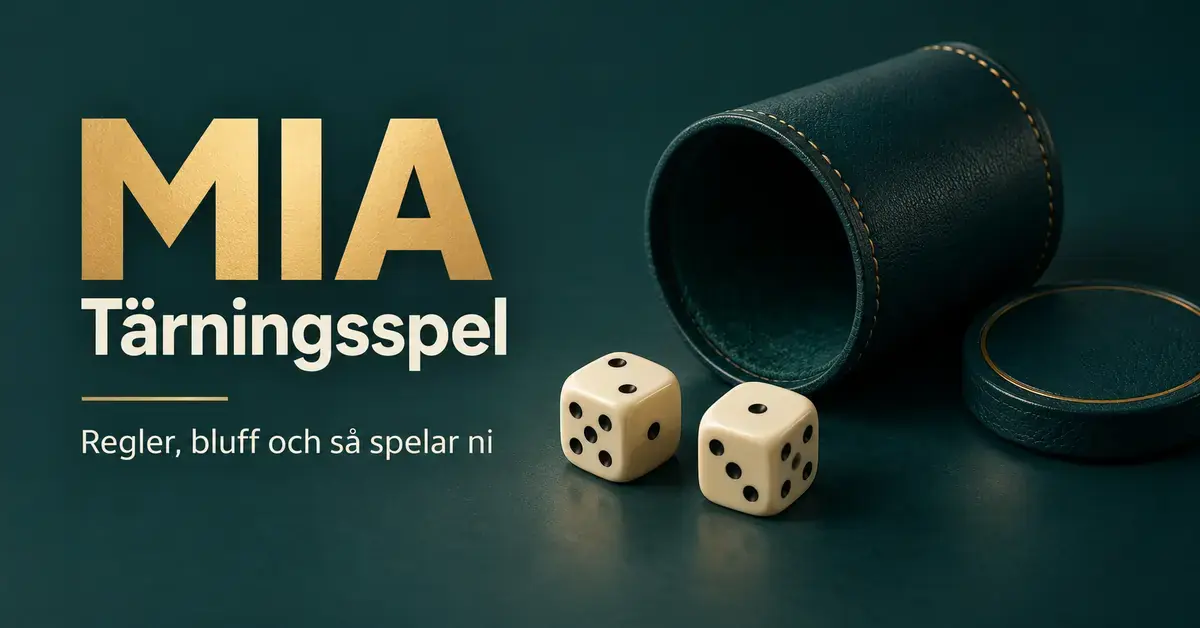 Två tärningar som visar två och ett ligger bredvid en mörkgrön tärningsbägare med lock och texten ”Mia – Tärningsspel – Regler, bluff och så spelar ni”.