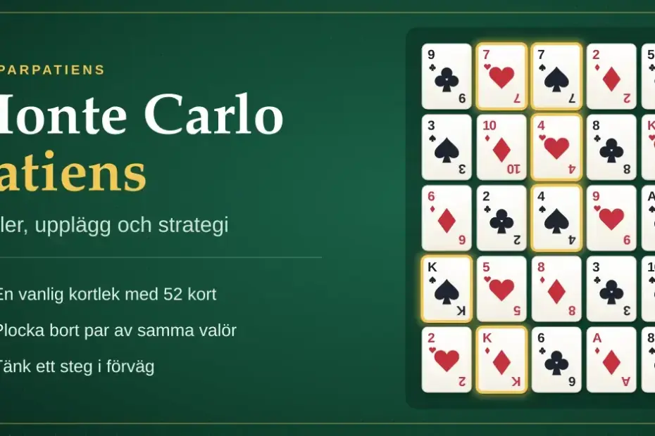 Grafik på grönt spelbord med rubriken ”Monte Carlo patiens – regler, upplägg och strategi” och ett rutnät med 5 × 5 spelkort där tre par med samma valör (två sjuor, två fyror och två kungar) är markerade i guld.
