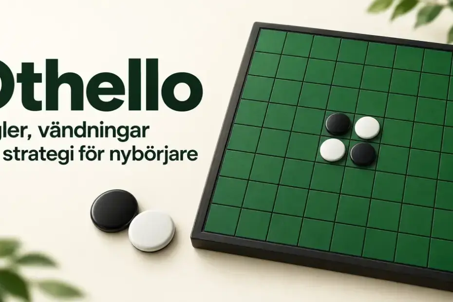 Grönt Othellobräde med fyra svarta och vita startbrickor bredvid rubriken ”Othello – Regler, vändningar och strategi för nybörjare”.