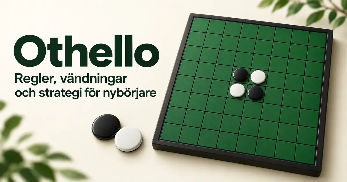 Grönt Othellobräde med fyra svarta och vita startbrickor bredvid rubriken ”Othello – Regler, vändningar och strategi för nybörjare”.