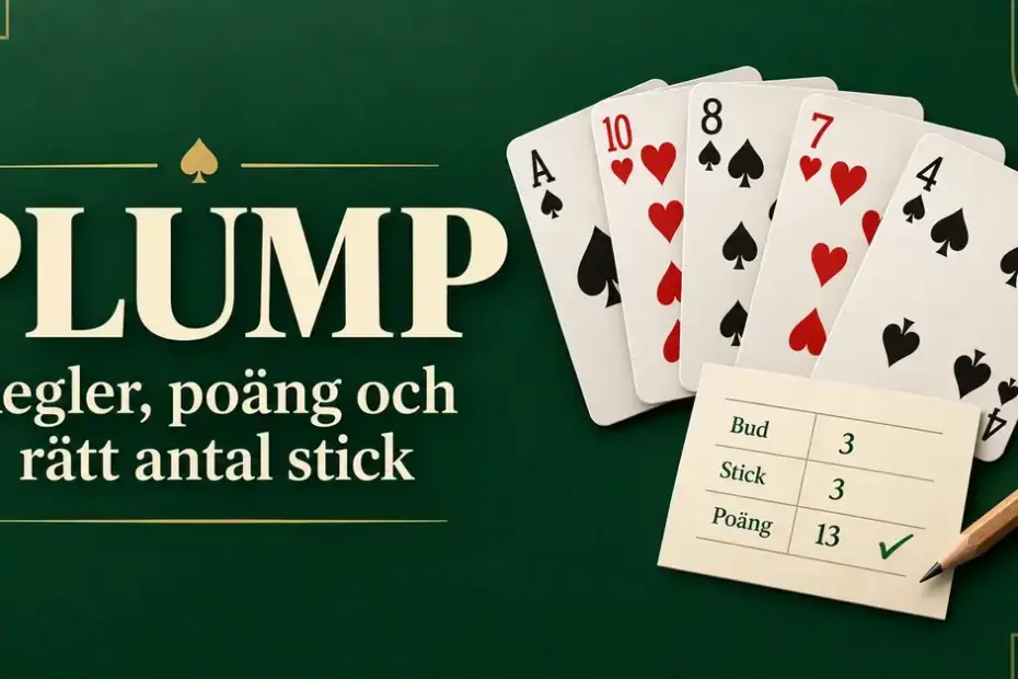 Illustration av spelkort och ett poängprotokoll för Plump där tre bjudna och tre tagna stick ger 13 poäng, med rubriken ”Plump – regler, poäng och rätt antal stick”.