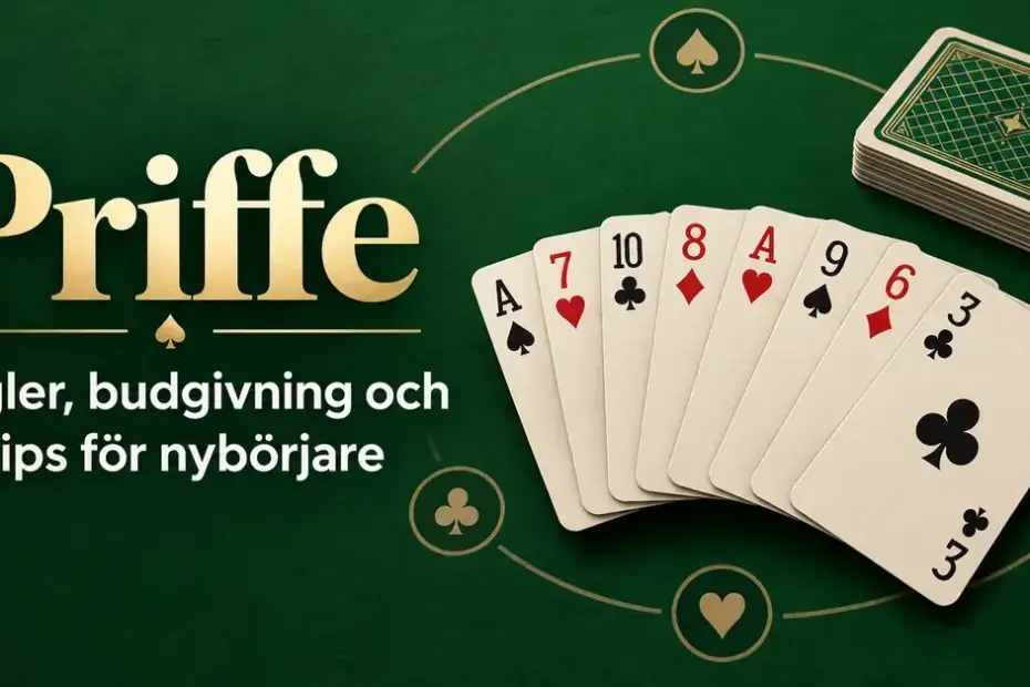 Spelkort i solfjäderform på grön bakgrund med texten ”Priffe – Regler, budgivning och tips för nybörjare”.