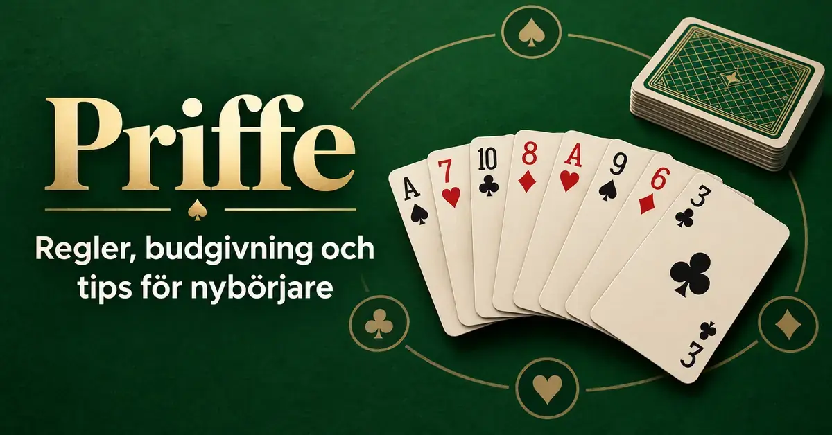 Spelkort i solfjäderform på grön bakgrund med texten ”Priffe – Regler, budgivning och tips för nybörjare”.