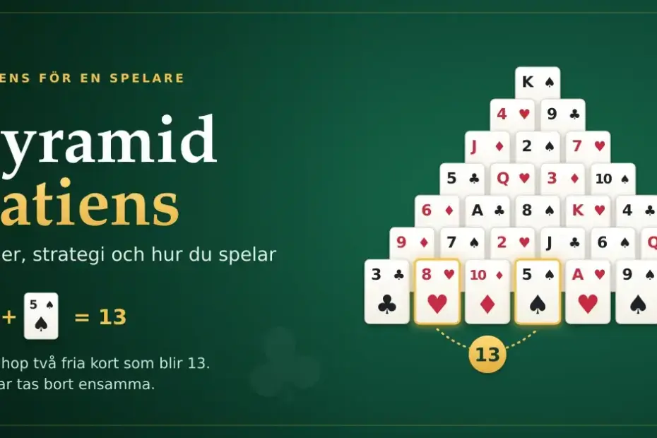 Grafik på grönt spelbord med en pyramid av 28 spelkort där åttan och femman är markerade eftersom de tillsammans blir 13, bredvid rubriken ”Pyramid patiens – regler, strategi och hur du spelar”.