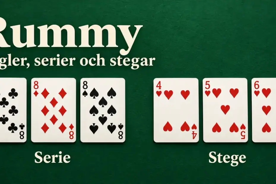 Rummykort på grön bakgrund visar en serie med tre åttor och en stege med hjärter fyra, fem och sex.
