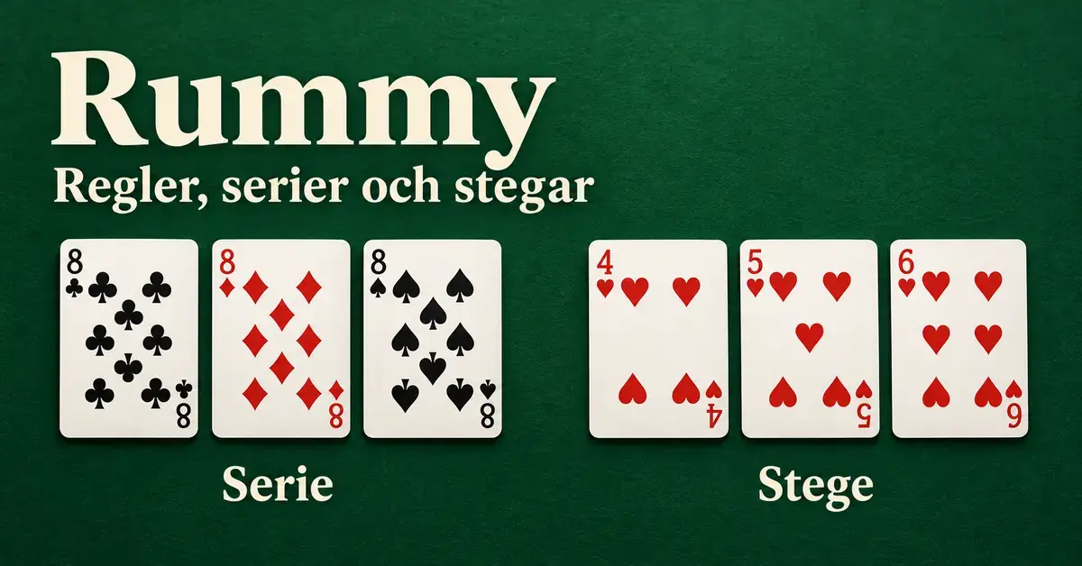 Rummykort på grön bakgrund visar en serie med tre åttor och en stege med hjärter fyra, fem och sex.