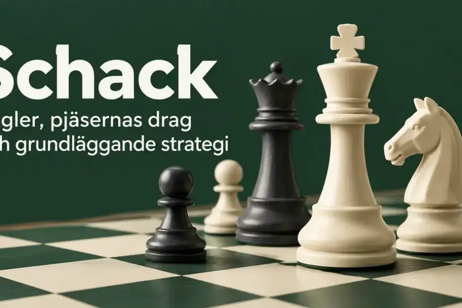 Vita och svarta schackpjäser på ett grönvitt schackbräde intill texten ”Schack – Regler, pjäsernas drag och grundläggande strategi”.