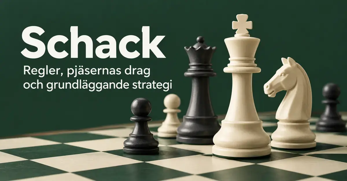 Vita och svarta schackpjäser på ett grönvitt schackbräde intill texten ”Schack – Regler, pjäsernas drag och grundläggande strategi”.