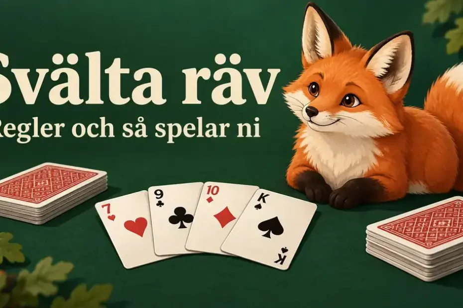 En illustrerad räv sitter bredvid spelkort på en grön bakgrund med texten ”Svälta räv – Regler och så spelar ni”.