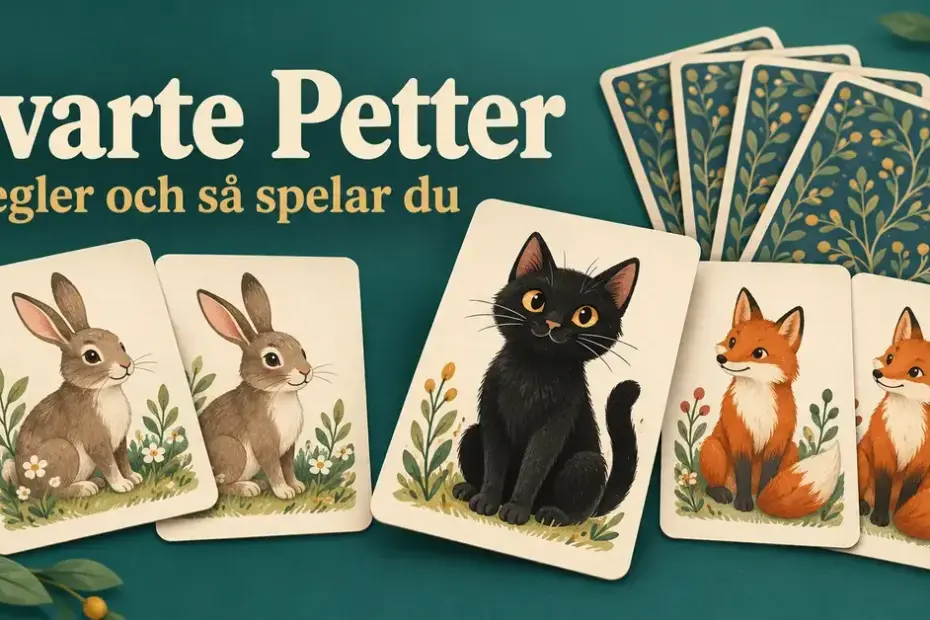 Illustration av Svarte Petter med två kaninkort, två rävkort och ett ensamt kort med en svart katt mot en mörkgrön bakgrund.