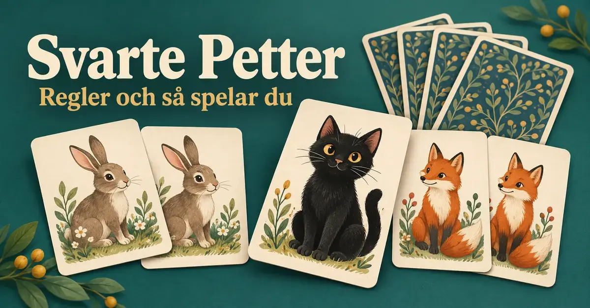 Illustration av Svarte Petter med två kaninkort, två rävkort och ett ensamt kort med en svart katt mot en mörkgrön bakgrund.