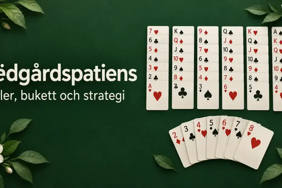 Illustration av trädgårdspatiens med sex kolumner av synliga spelkort och en solfjäder av kort, omgivna av gröna blad och vita blommor, med texten ”Trädgårdspatiens – Regler, bukett och strategi”.