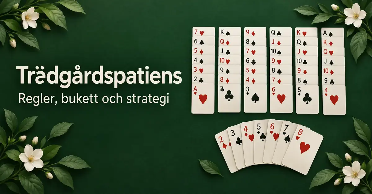 Illustration av trädgårdspatiens med sex kolumner av synliga spelkort och en solfjäder av kort, omgivna av gröna blad och vita blommor, med texten ”Trädgårdspatiens – Regler, bukett och strategi”.