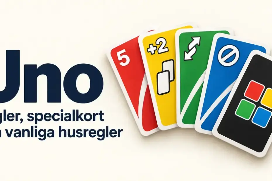 Färgglada spelkort med siffror och specialsymboler bredvid rubriken Uno – regler, specialkort och vanliga husregler.