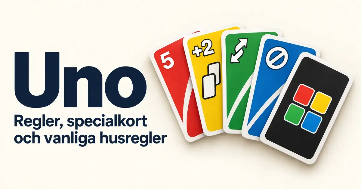 Färgglada spelkort med siffror och specialsymboler bredvid rubriken Uno – regler, specialkort och vanliga husregler.