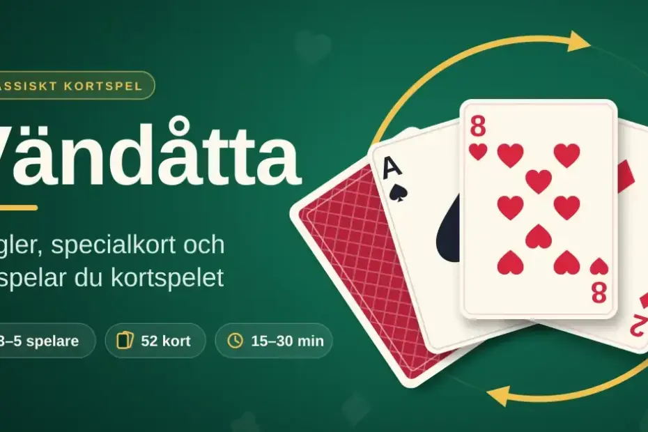 Grafik med rubriken ”Vändåtta – regler, specialkort och så spelar du kortspelet” på ett grönt spelbord, där hjärter åtta ligger överst i en solfjäder av spelkort omgiven av en gul cirkelpil.