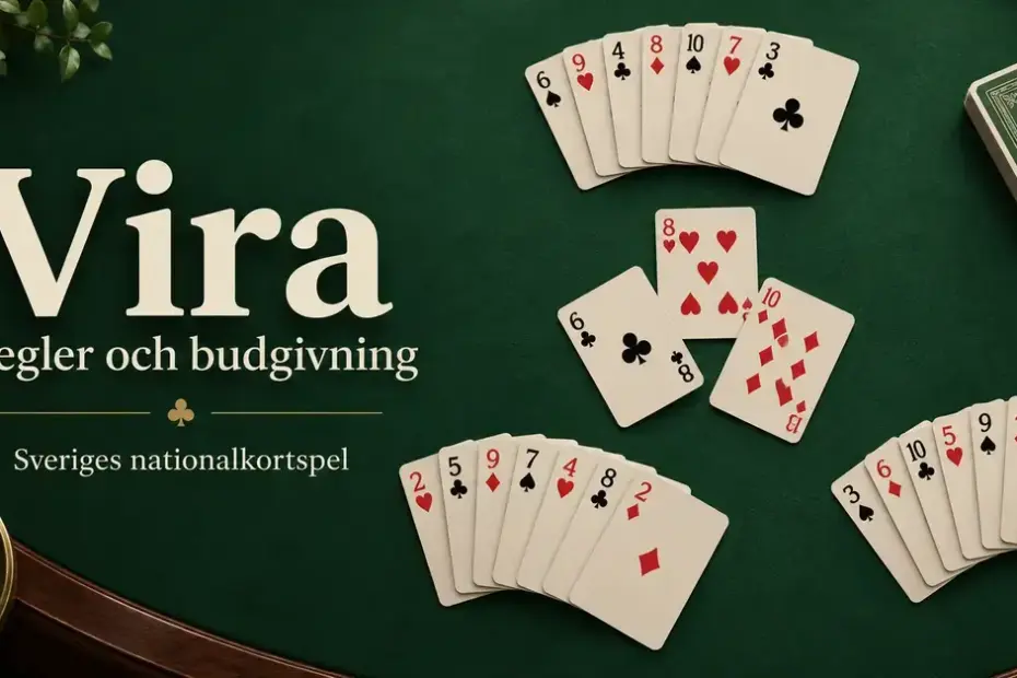 Tre solfjäderformade korthänder och tre utspelade kort på ett grönt spelbord bredvid texten ”Vira – Regler och budgivning – Sveriges nationalkortspel”.