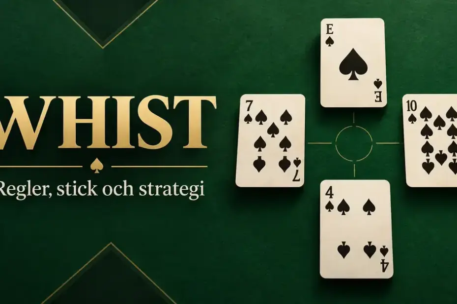 Fyra spaderkort ligger ordnade som ett stick på en mörkgrön bakgrund bredvid texten ”Whist – Regler, stick och strategi”.