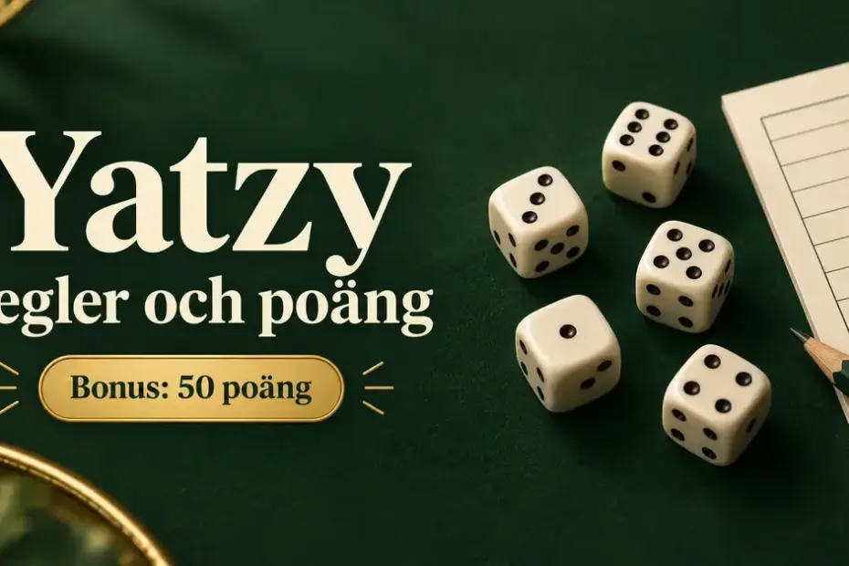 Fem tärningar bredvid ett poängprotokoll och en penna på grön bakgrund med texten ”Yatzy – Regler och poäng” samt ”Bonus: 50 poäng”.